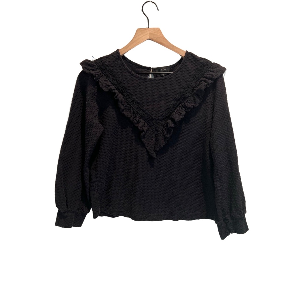 J.Crew Blouse Womens Small‎ Black Long Sleeve Ruffled Trim Textured Fabric